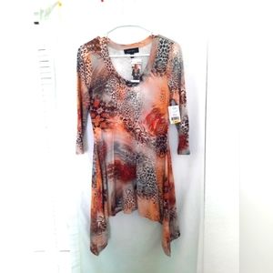 Karen Kane Burnt Orange Flare Animal Print Shark Hem Boho Top Half Sleeve Size M